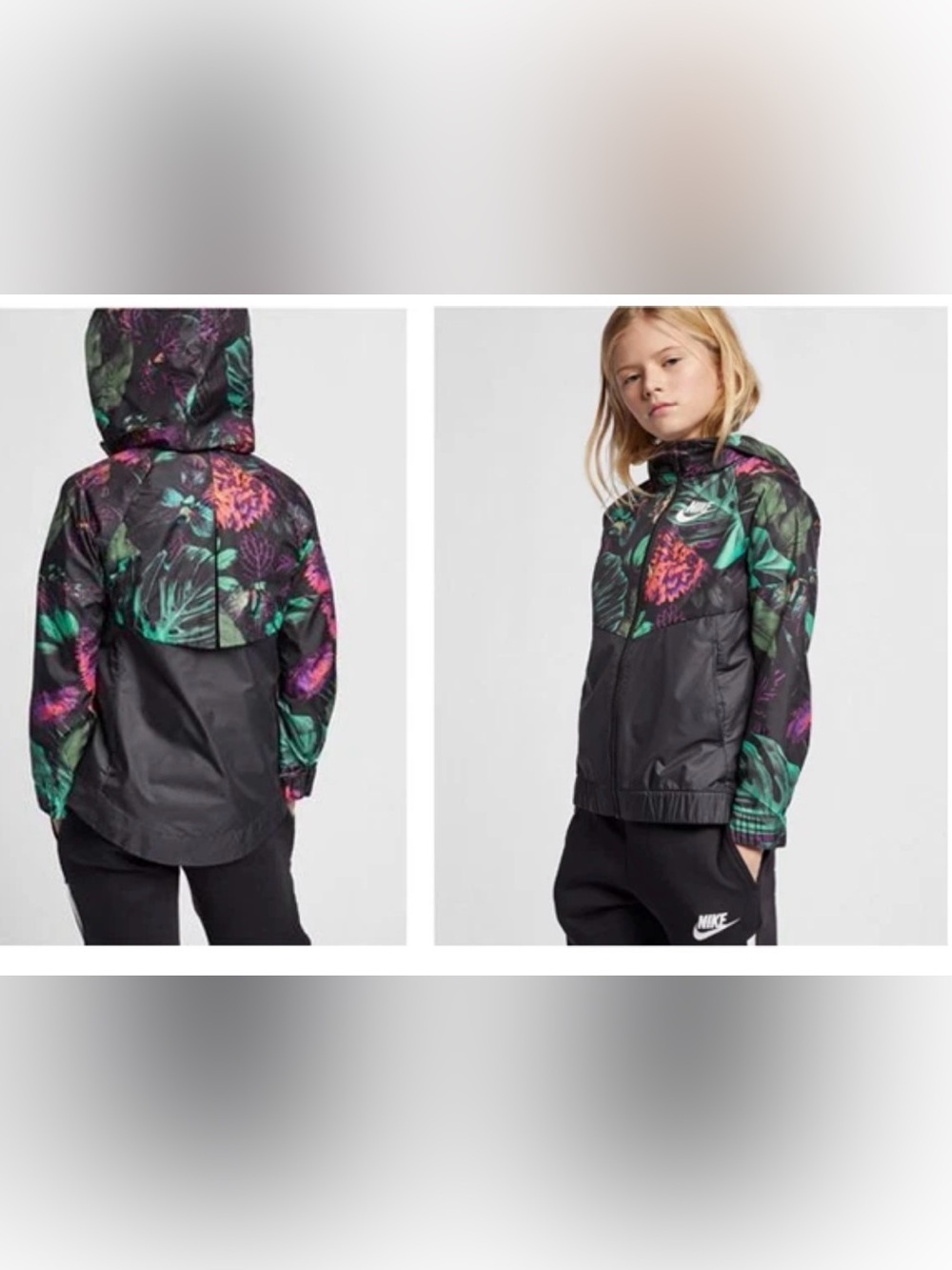 Nike Girls/Juniors XL Floral Windbreaker Athletic Hooded Full Zip Athlesiure EUC